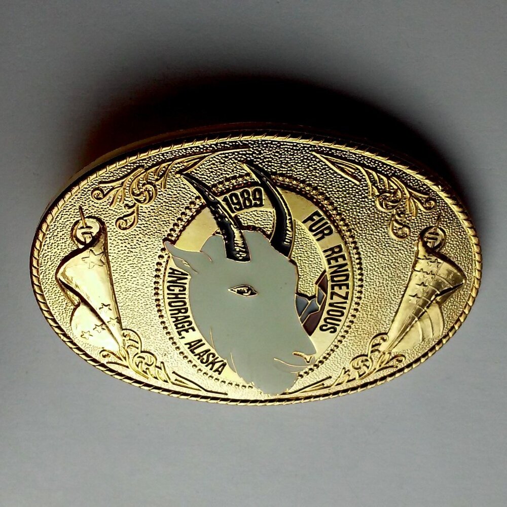 Vintage Gold Belt Buckle 1989 Fur Rendezvous Goat Anchorage Alaska Never Worn Un